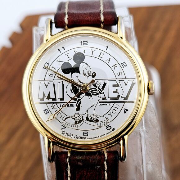 Vintage Disney Mickey Mouse 60 Year Wrist Watch Gold Tone Brown Leather Band - Picture 2 of 9